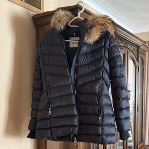 Moncler Women's Navy Puffer Jacket with Fur Trim
